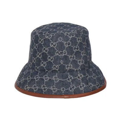 Bucket hat (Blue, Brown) from Gucci Leather, Viscose