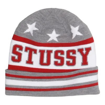 Beanie-Mütze (Grau, Weiß, Rot) von Stüssy Acryl, Elasthan