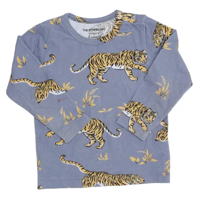 Langærmet t-shirt (Blå, Gul, Sort) fra The Striped Cat Elastan, Økologisk bomuld