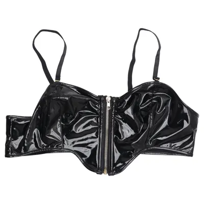 Bustier (Bustier, patent leather look, vinyl bustier, PVC top, faux leather top, zip front bustier, zipper top, corset top, corset bustier, bralette, crop top, festival outfit, rave outfit, clubwear, party top, nightclub fashion, EDM outfit, techno fashion, gothic fashion, cyberpunk style, alternative fashion, punk style, rock style, biker style, latex look, wet look, shiny black, statement top, edgy fashion, sexy top, fashion forward, Y2K fashion, TikTok trend, influencer style, stage outfit, dancewear, performance outfit, costume piece, cosplay, Halloween outfit, burlesque style, pin up style, glam, aesthetic, unique, bold fashion, women's fashion, adjustable straps, XL, nightlife, viral fashion.) Elastane, Polyester