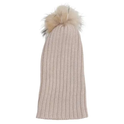 Bommelmütze (Beige) Pelz, Polyester, Wolle