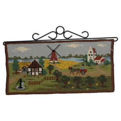Tapisserie (tvistsöm tvist broderi vepa traditionella skånska hus väderkvarn kyrka) de Handbroderi
