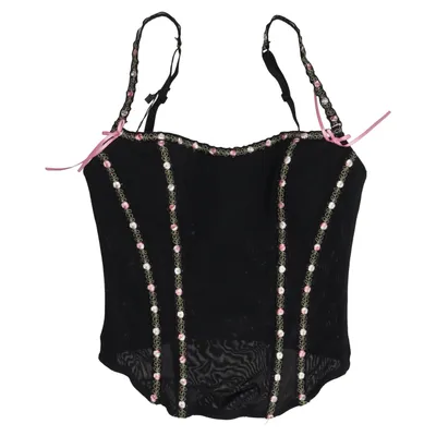 Bustier (rosapois • bustier • corset top • corset • y2k • vintage • coquette • floral trim • embroidered flowers • ribbon details • velvet • mesh • lace • boned • camisole straps • black • pink • feminine • lingerie inspired) from Rosapois Elastane, Polyamide