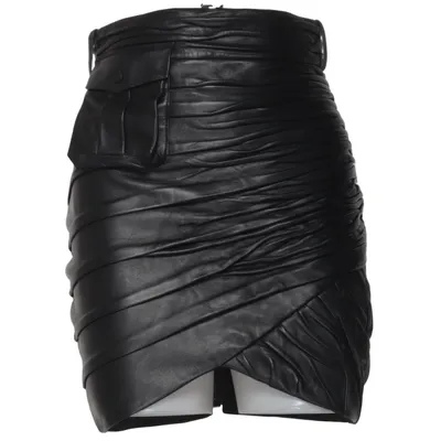 Jupe en cuir (Bordeaux Pleated Leather Miniskirt) de The Mannei Cuir, Polyamide, Soie, Viscose