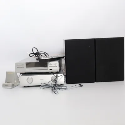 Ljudsystem (Axm950e lyxig microCDreceiver KOMPLETT; .RECEIVER,CD BLUETOOTH, ,HÖGTALARE,FJÄRRKONTROLL ,IPhonedocka, AC 220–240V ~ 50/60HzStrömförbrukning: 45WUteffekt (högtalarsystem): 80WImpedans: 6Ω (Ohm): ) från Hitachi