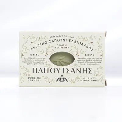 Fast tvål (Papoutsanis tvål, Papoutsanis olive oil soap, olivtvål, grekisk tvål, pure olive oil soap, natural soap, naturlig tvål, oöppnad tvål, ny tvål, originalförpackning, 125 g tvål, fast tvål, handtvål, kroppstvål, badrum, hudvård, hygien, parfymfri tvål, växtbaserad tvål, traditionell tvål, Grekland, Greek soap, olive soap, naturprodukt, present, gåva, spa känsla, badrumsdetalj, resepresent, sommarstuga, gästbadrum) från Papoutsanis