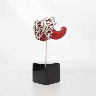 Earrings (Red, Silver) Unknown metal, Plastic