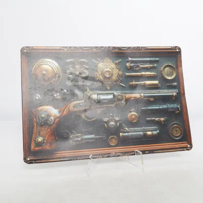 Vægplaquette (Antike Pistole \ Blechschild Western / Steam Punk)