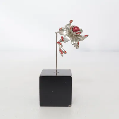 Brosch (Silverfärgad, Röd) Okänd metall