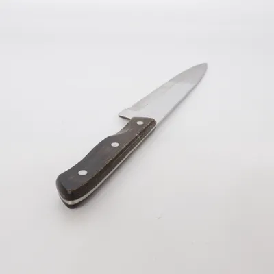 Keukenmes (Amefa • kökskniv • kockkniv • rostfritt stål • brunt handtag • silverfärgad • matlagning • hackkniv • klassisk design • hållbart kök • second hand • praktisk • vintage kitchen • köksredskap) van Amefa