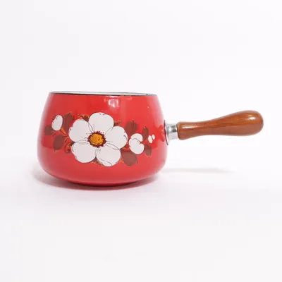 Gryde (Retro Emaille Topf Fondue Rot Weiße Blumen Holzgriff)