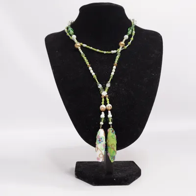 Necklace (Y-Kette Halskette Collier Glasperlenkette Glasperlencollier Handarbeit Unikat Einzelstück) from Handmade Stainless steel, Glass