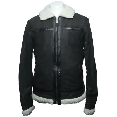 Shearling jas (Zwart) van Crone Katoen, Leer, Polyester