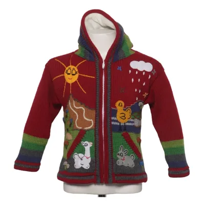 Hoodie (Red, Multicolored) from Handmade Acrylic, Polyester