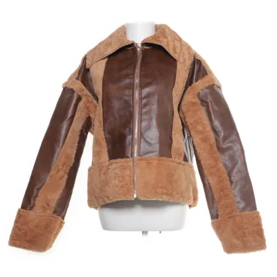 Shearling jacket (Petite Brown Distressed Pu & Fur Contrast Jacket) from PrettyLittleThing Polyester, Polyurethane