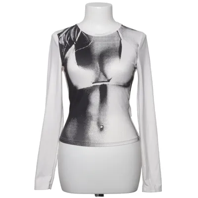 Lange mouwen shirt (Wit, Zwart) van Shein Elastaan, Polyester