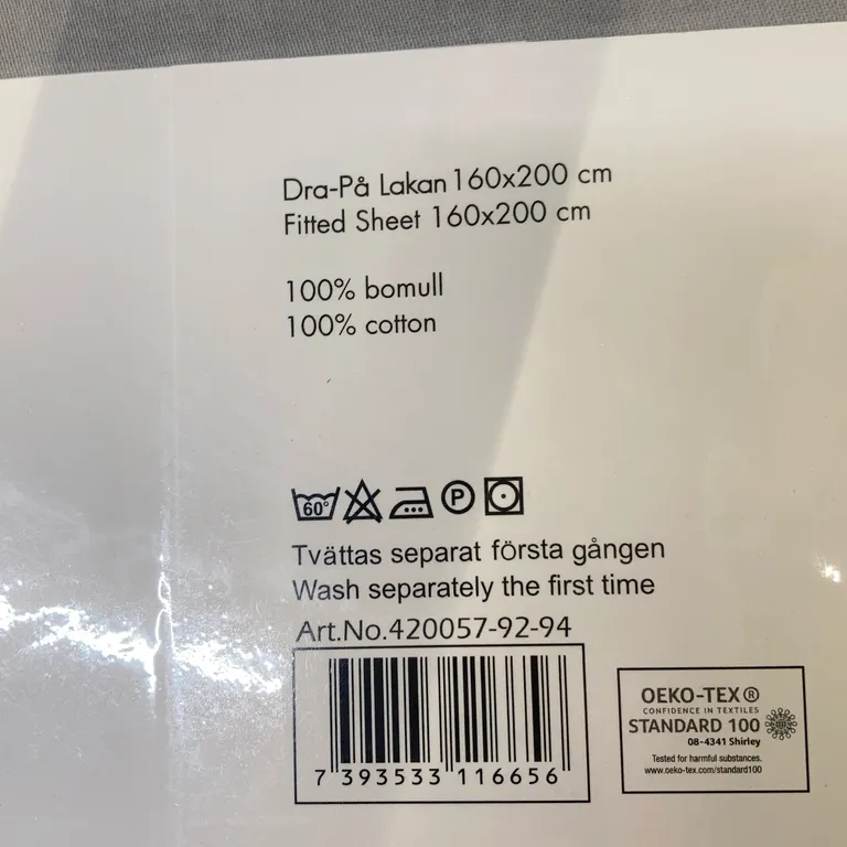 Dra-på-lakan (Grå) från Kosta Linnewäfveri Bomull - Materialetikett