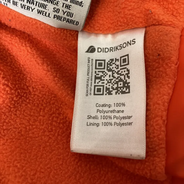 Regnställ (Gul, Orange) från Didriksons 1913 Polyuretan, Polyester - Materialetikett