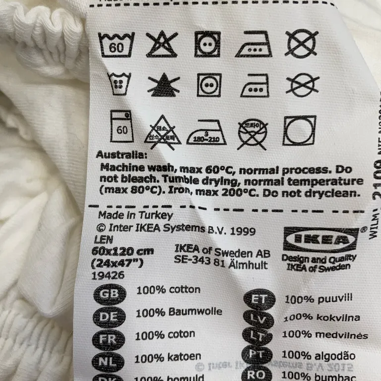 Dra-på-lakan (Spjälsäng) från IKEA Bomull - Materialetikett